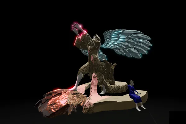 Wi-Fi Angel concept: a winged figure on a bronze rock holding up a glowing glass sphere, with a wooden bench below