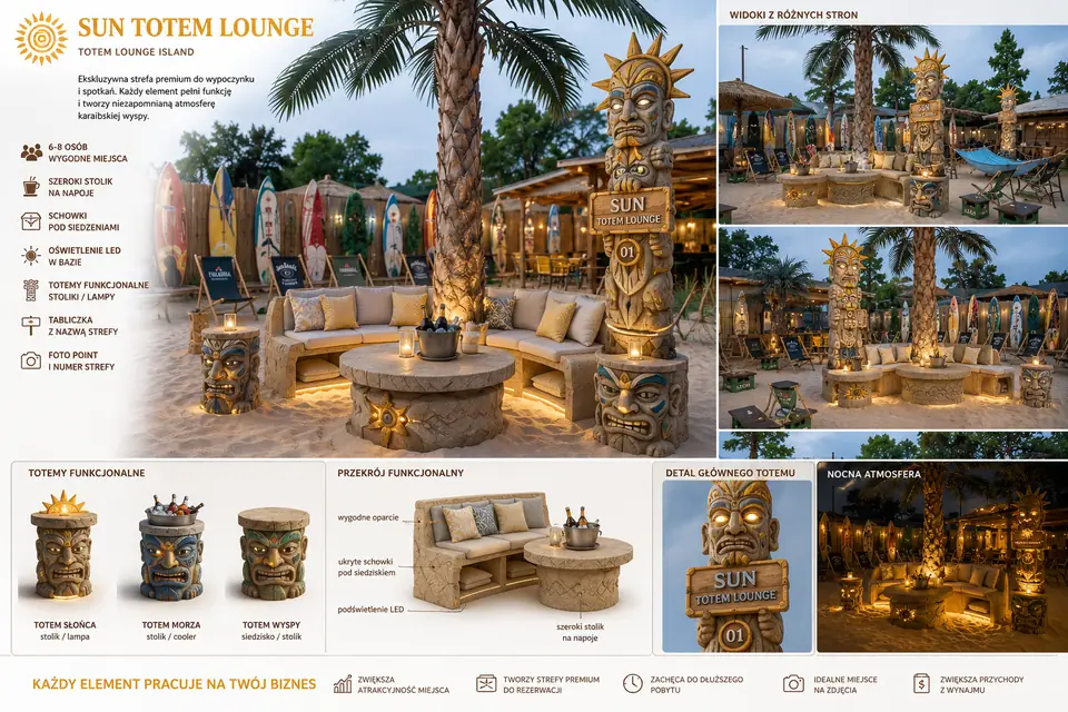 Painel conceptual para um lounge de totens Sol: colunas-totem esculpidas usadas como mesas e candeeiros, assentos curvos com iluminação LED e uma vista noturna