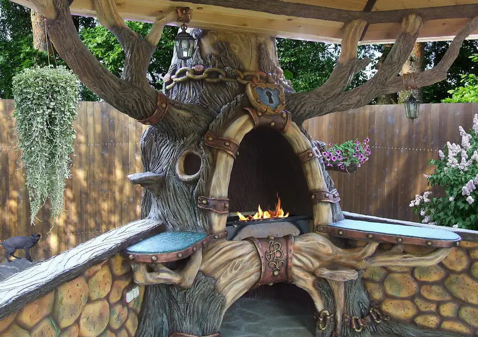 A fireplace modelled as a hollow tree, with flames