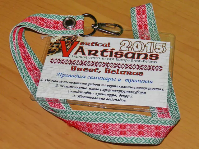 Participant badge on a patterned lanyard for a 2015 seminar and training course held in Brest, Belarus