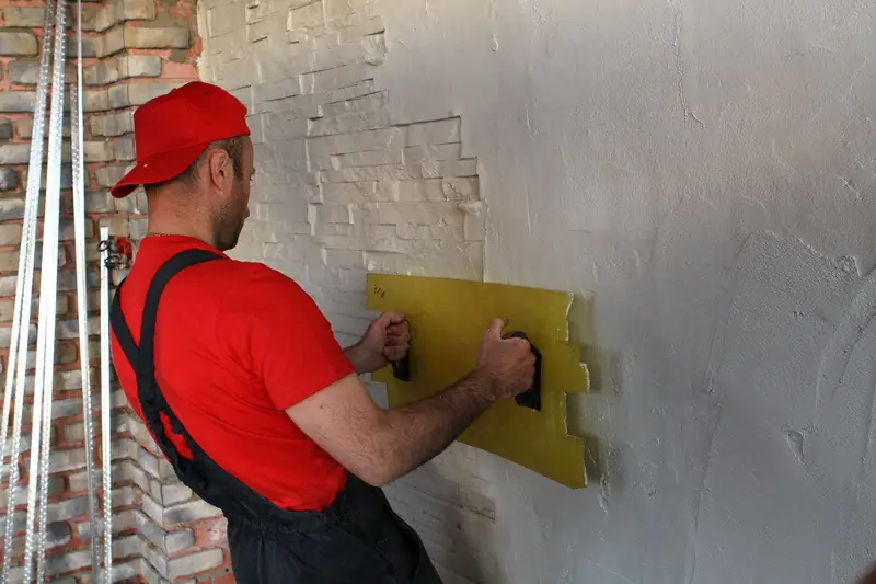 Instructor in red overalls pressing a yellow stamp mould onto fresh plaster on a wall to make a brick-like relief