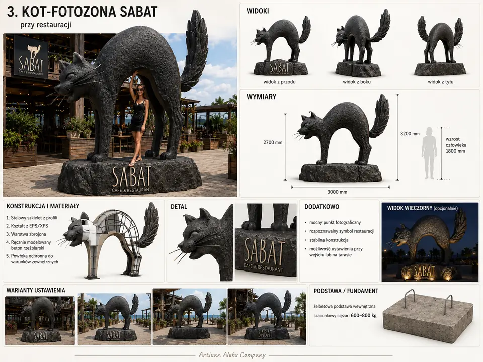 Painel conceptual: o local para fotografias com o gato, com 3 m de largura e 3,2 m de altura, com uma pessoa para escala, vistas, camadas de construção e uma base de betão