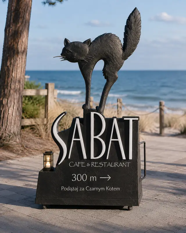 Renderização conceptual: uma escultura de um gato preto arqueado sobre um painel de orientação escuro com o nome do estabelecimento e uma lanterna, num caminho pavimentado da praia com o mar ao fundo