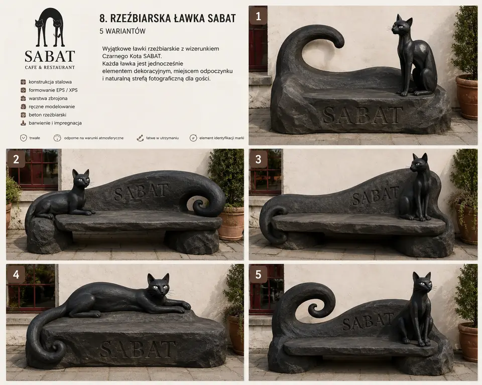 Painel conceptual: cinco variantes de bancos em betão esculpido com uma figura de gato preto e a cauda enrolada