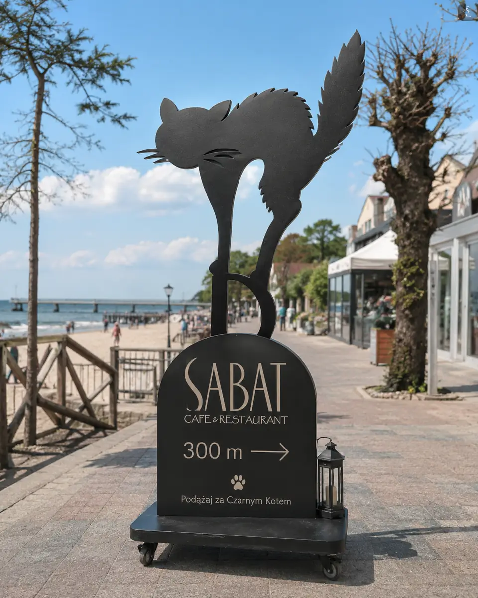 Renderização conceptual: uma silhueta plana de um gato preto sobre uma placa arredondada com rodas, num passeio marítimo movimentado