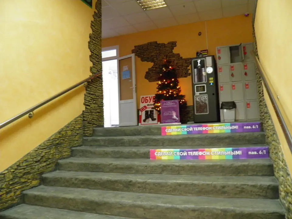 Wide steps in grey stone texture with a coloured light strip, beside a stone feature in the wall