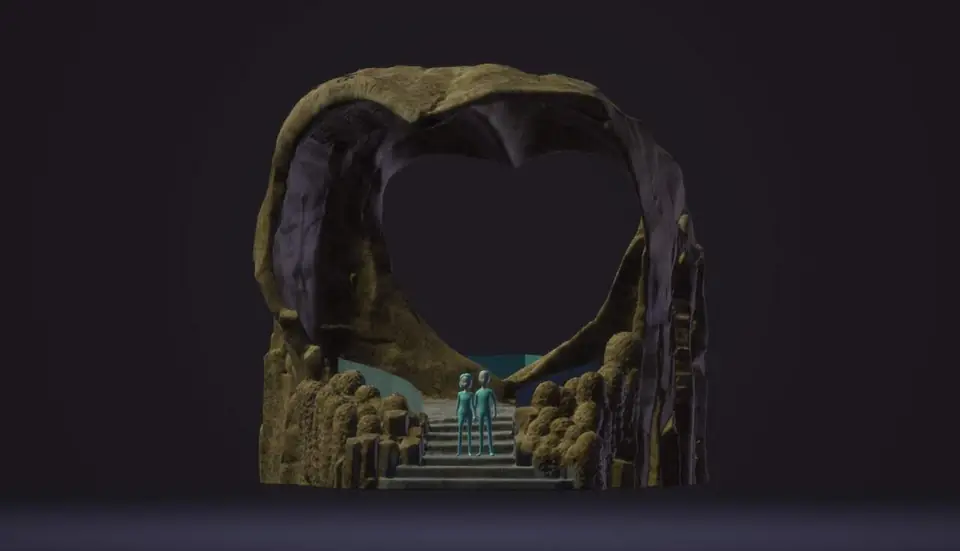 3D model of a heart-shaped rock portal with a stair and two small figures inside, shown on a dark background