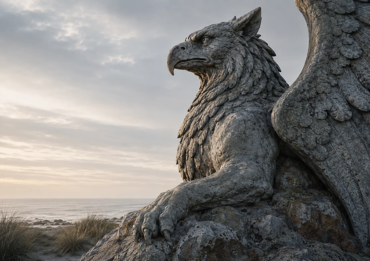 Detail hlavy, peří a pazourů gryfa na skále nad mořem