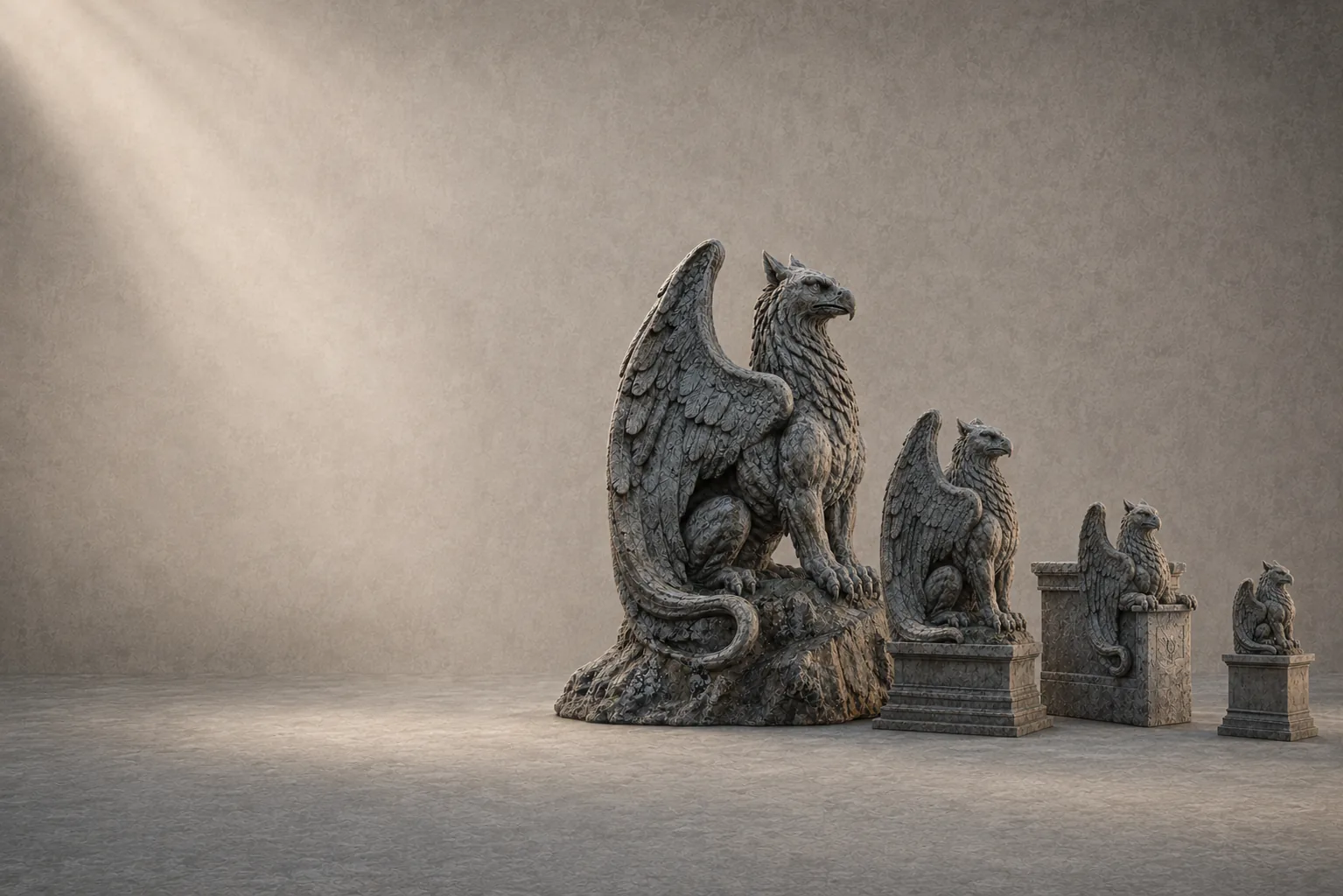 Kolekce ve čtyřech velikostech vedle sebe, od monumentální dominanty po malého zahradního strážce