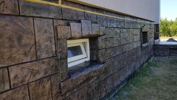 The plinth around the house: ashlar blocks under a light rendered facade