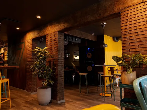 ضوء دافئ على أقواس الطوب والجدار الصخري الداكن لقبو النبيذ